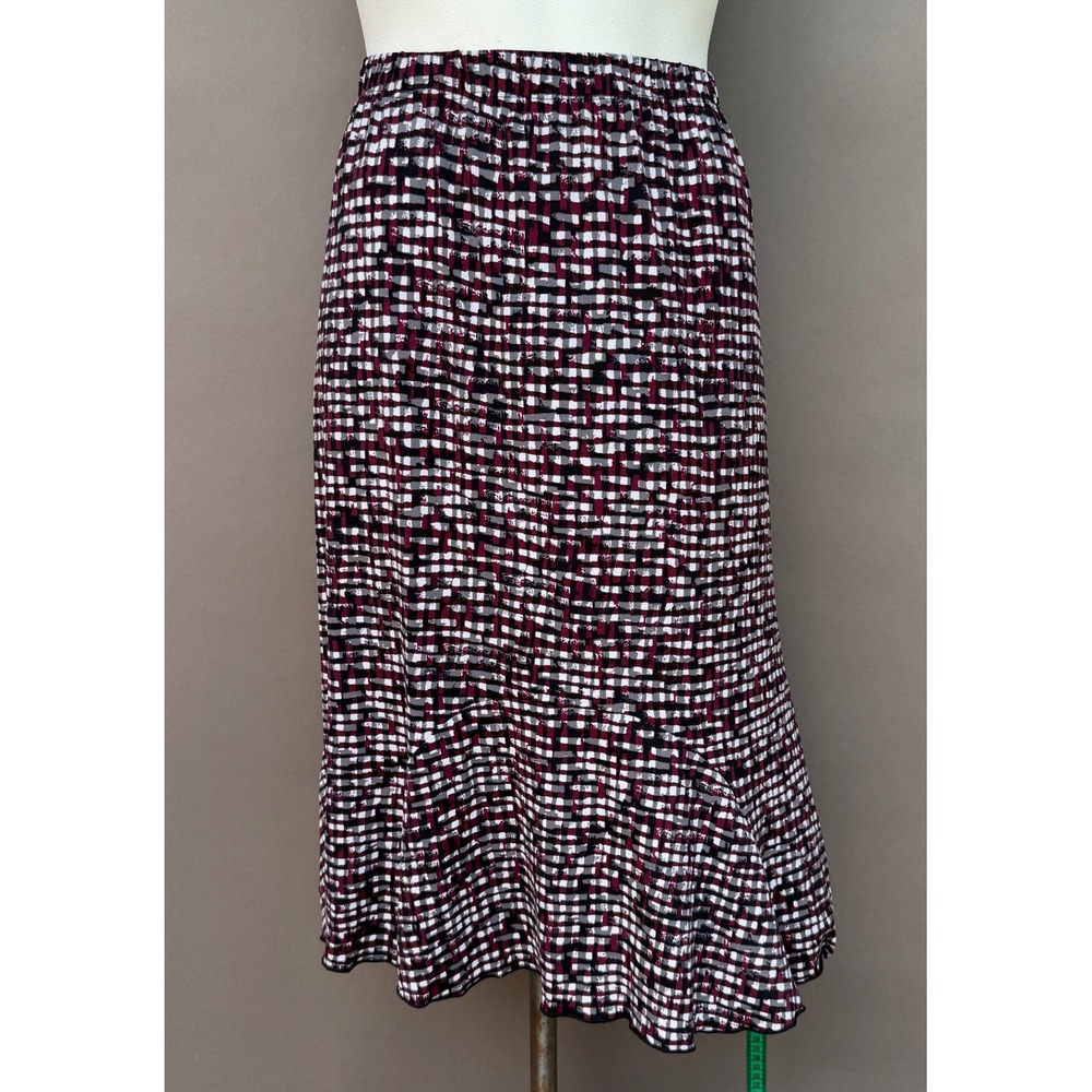 Chicos Skirt Size 3 XL Burgundy Black Abstract Plaid Midi Trumpet Flounce Skirt